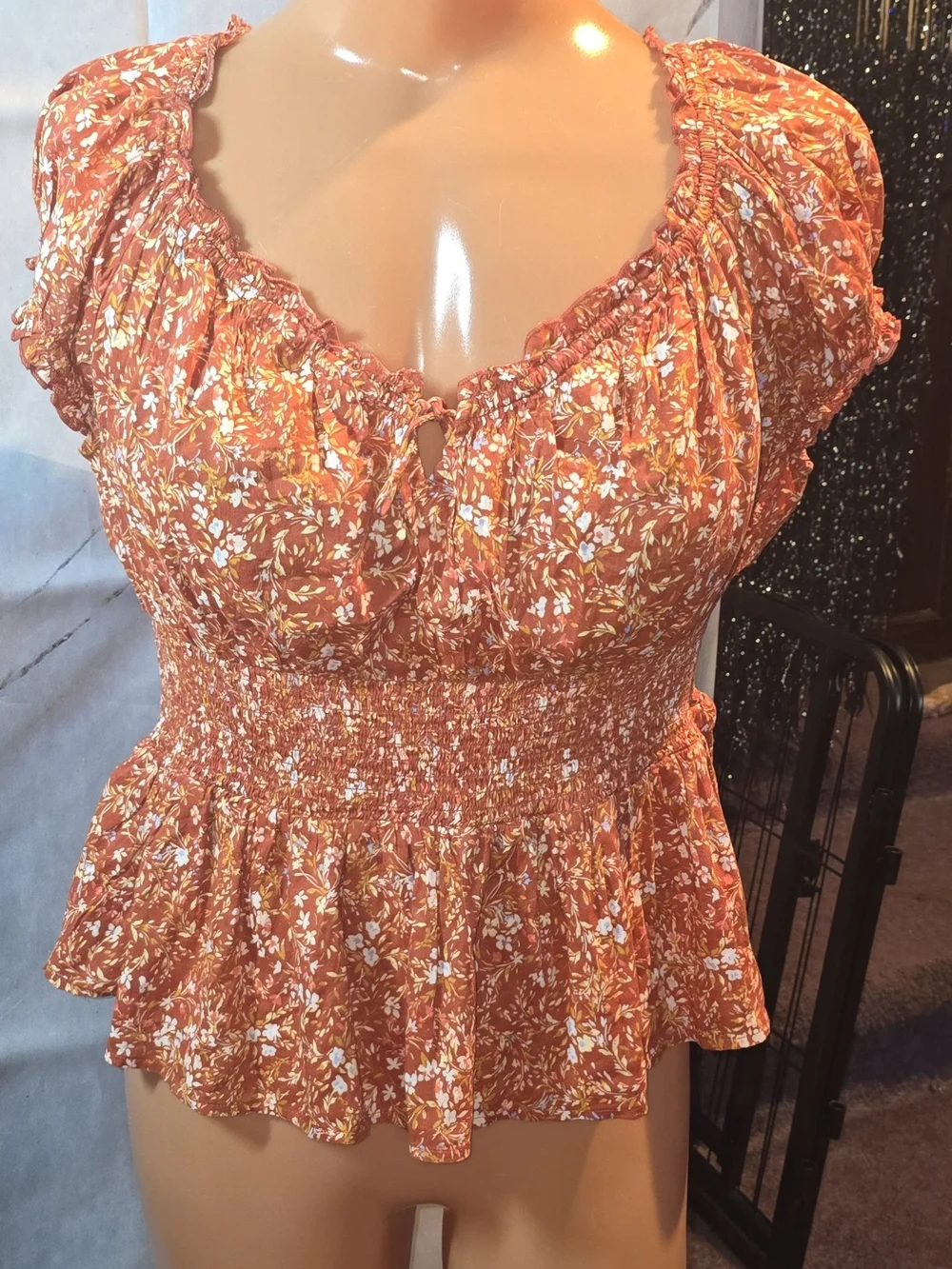 Old Navy Rust Floral Smocked Peplum Blouse